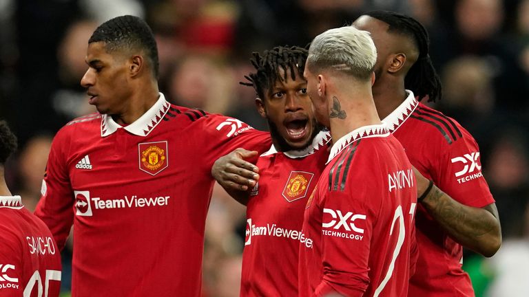 Manchester United&#39;s Fred celebrates with his team-mates after scoring vs Barcelona