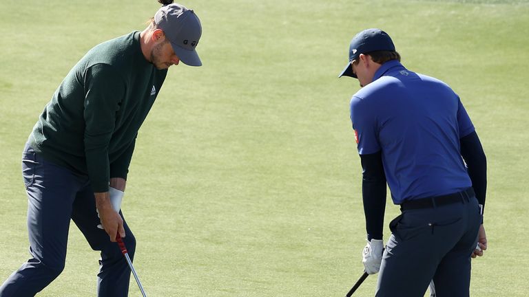 Matt Fitzpatrick (right) gave Gareth Bale advice during his round on Wednesday