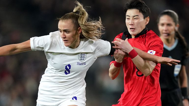 England&#39;s Georgia Stanway and Korea Republic&#39;s Kim Yun-Ji battle for the ball during the Arnold Clark Cup match