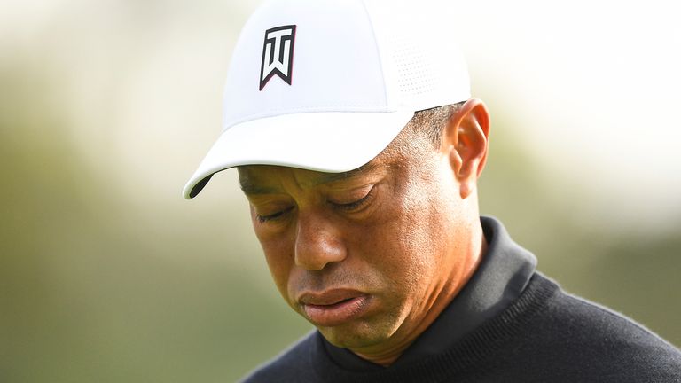 PACIFIC PALISADES, CA - FEBRUARY 17: Tiger Woods reacts to a boogie during the second round of the Genesis Invitational on February 17, 2023, at Riviera Country Club in Pacific Palisades, CA. (Photo by Brian Rothmuller/Icon Sportswire) (Icon Sportswire via AP Images)