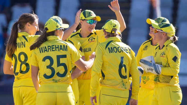 Australia celebrate the wicket of India's Yastika Bhatia after she was run out by Grace Harris