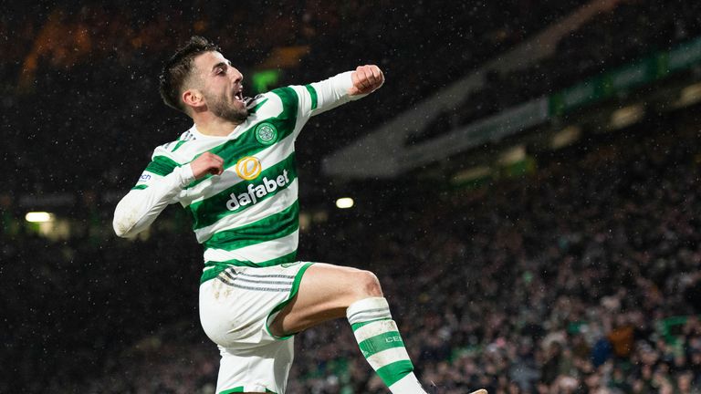 GLASGOW, SCOTLAND - FEBRUARY 01: Celtic's Greg Taylor celebrates as he makes it 1-0 during a cinch Premiership match between Celtic and Livingston at Celtic Park, on February 01, 2023, in Glasgow, Scotland. (Photo by Ross MacDonald / SNS Group)