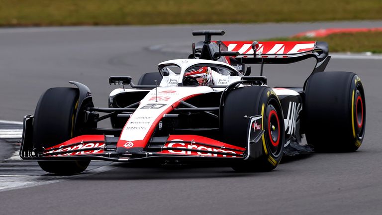 Kevin Magnussen drives the new Haas VF-23 at Silverstone in a shakedown