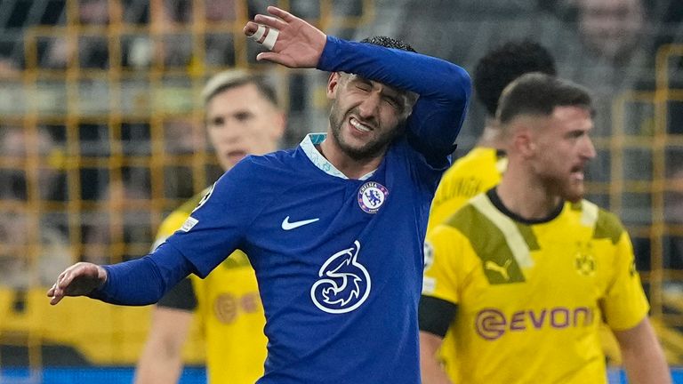 Chelsea's Hakim Ziyech grimaces during the Champions League, round of 16, first leg soccer match vs Borussia Dortmund 