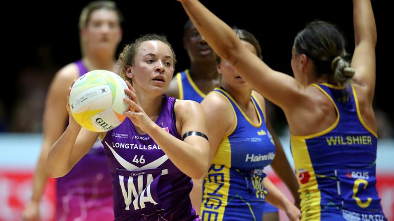 Loughborough Lightning&#39;s Hannah Joseph in action against Team Bath during the Netball Superleague season opener at Nottingham Arena