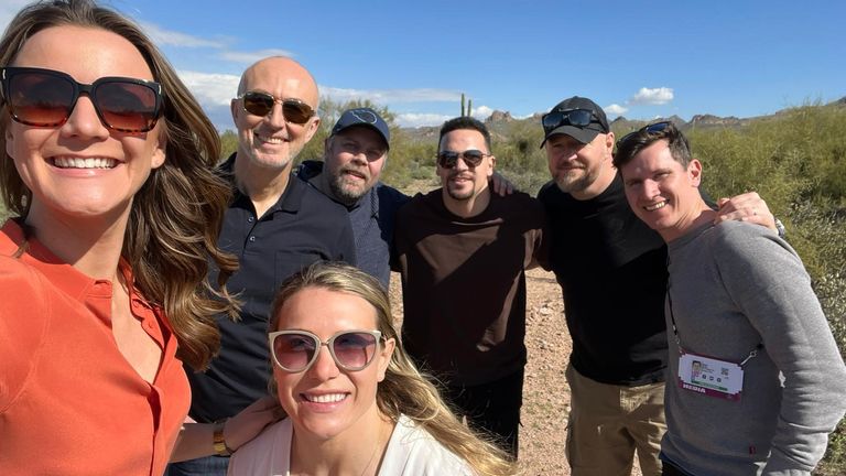 Hannah Wilkes and the Sky Sports NFL team filming in the Arizona desert during Super Bowl week