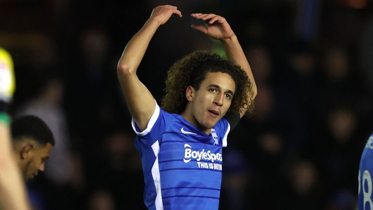 Hannibal Mejbri celebrates after scoring the first goal during the Sky Bet Championship between Birmingham City and West Bromwich Albion