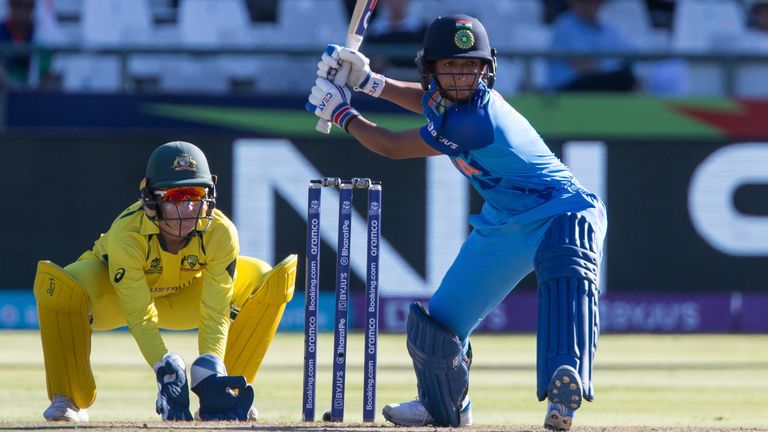 India's Harmanpreet Kaur in action against Australia in the Women's T20 World Cup cricket semi-final in Cape Town, South Africa, Thursday, Feb. 23, 2023. (AP Photo/Halden Krog)
