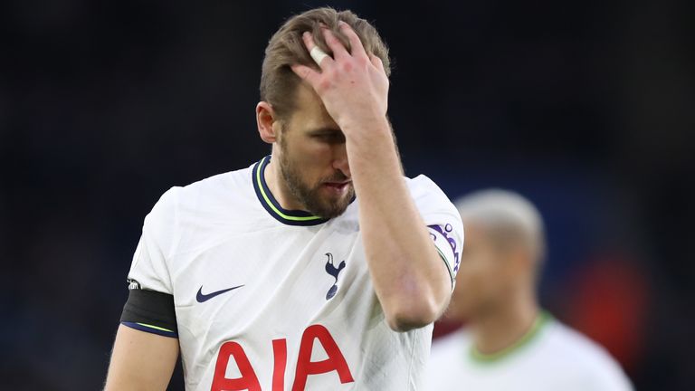 Harry Kane looks cuts a dejected figure during Spurs' heavy loss to Leicester
