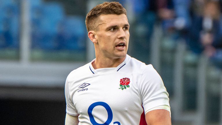 England&#39;s outside center Henry Slade in action during the the Six Nations international rugby match between Italy and England at the Olympic Stadium in Rome, Sunday, Feb. 13, 2022. (AP Photo/Domenico Stinellis)