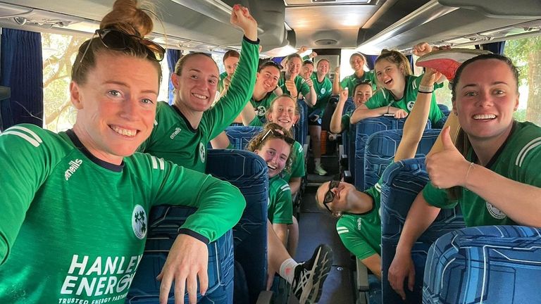 Ireland Women's side show their delight after beating champions Australia by three wickets in their final T20 World Cup warm-up match in Stellenbosch (pic: Cricket Ireland)