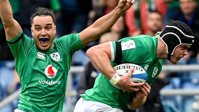 25 February 2023; James Ryan of Ireland, right, on his way to scoring his side's first try while teammate James Lowe celebrates during the Guinness Six Nations Rugby Championship match between Italy and Ireland at the Stadio Olimpico in Rome, Italy. Photo by Ramsey Cardy/Sportsfile