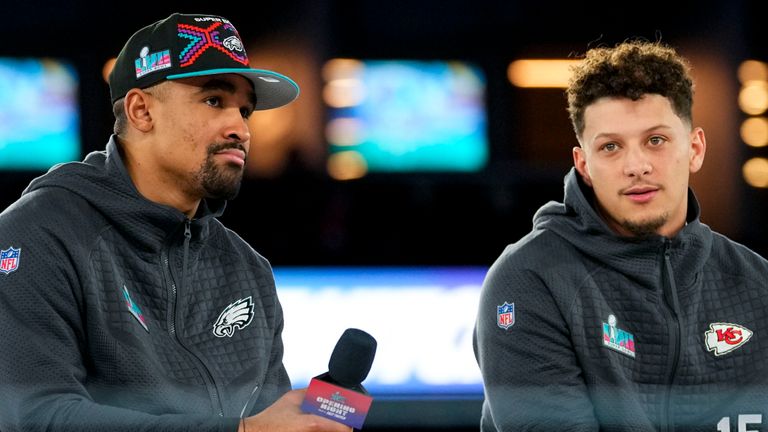 Kansas City Chiefs quarterback Patrick Mahomes, right, and Philadelphia Eagles quarterback Jalen Hurts speak to the media during the NFL football Super Bowl 57 opening night, Monday, Feb. 6, 2023, in Phoenix. The Kansas City Chiefs will play the Philadelphia Eagles on Sunday. (AP Photo/Matt York)