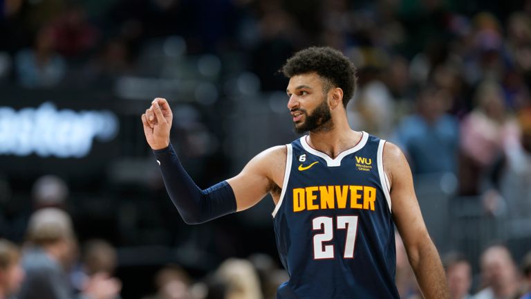 Denver Nuggets guard Jamal Murray gestures to the crowd as time runs out in the second half of an NBA basketball game against the New Orleans Pelicans Tuesday, Jan. 31, 2023, in Denver
