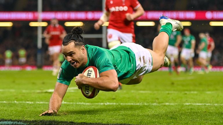 4 February 2023; James Lowe of Ireland scores his side's third try during the Guinness Six Nations Rugby Championship match between Wales and Ireland at Principality Stadium in Cardiff, Wales. Photo by Brendan Moran/Sportsfile