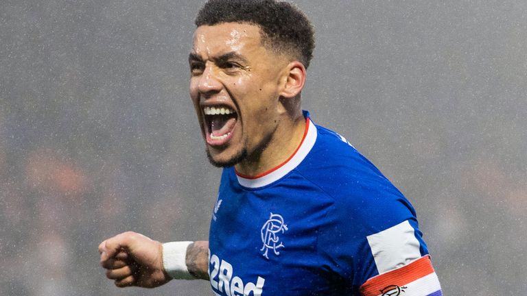 LIVINGSTON, SCOTLAND - FEBRUARY 18: Rangers' James Tavernier celebrates after scoring to make it 0-2 during a cinch Premiership match between Livingston and Rangers at the Tony Macaroni Arena, on February 18, 2023, in Livingston, Scotland (Photo by Alan Harvey / SNS Group)