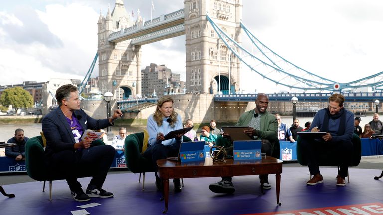 From left, Kyle Brandt, Jamie Erdahl, Jason McCourty, and Peter Schrager are seen on the set of Good Morning Football, Thursday, Sept. 29, 2022, in London. (Steve Luciano/AP Images for NFL)