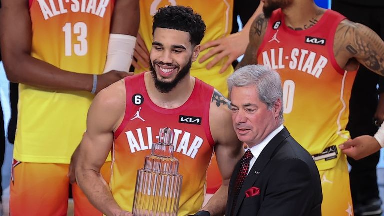 Team Giannis forward Jayson Tatum (0) receives his MVP trophy after the NBA basketball All-Star game.