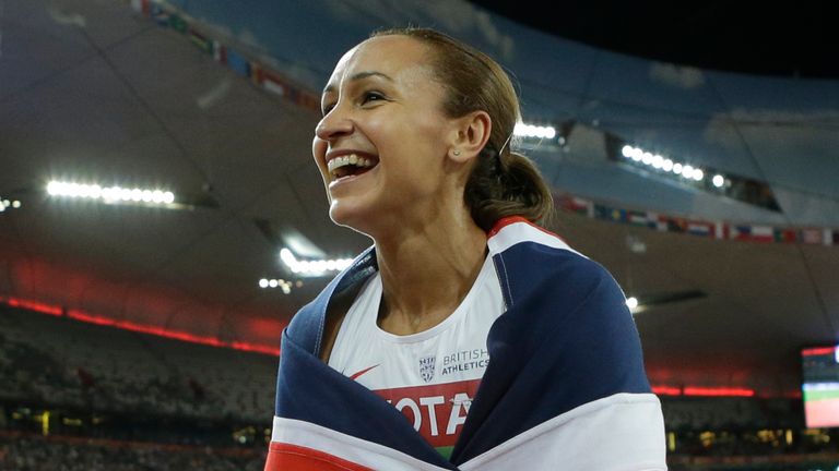Gold medalist Jessica Ennis-Hill celebrates after the heptathlon 800m at the World Athletics Championships in Beijing in 2015