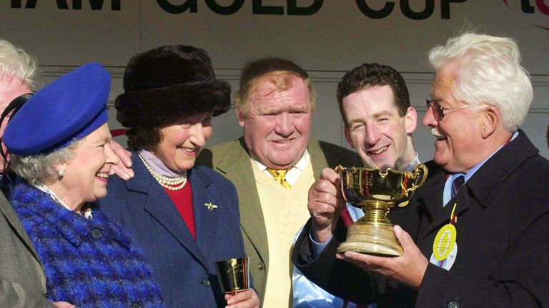 Best Mate jockey Jim Culloty with HM The Queen, trainer Henrietta Knight her husband Terry Biddlecombe and owner Jim Lewis (right) after the Tote Cheltenham Gold Cup.