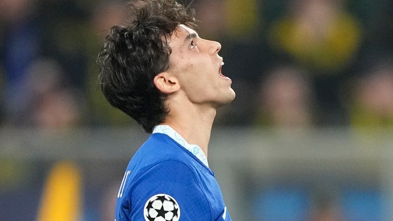 Chelsea's Joao Felix shouts after failing a ascoring chance during the Champions League, round of 16, first leg soccer match between Borussia Dortmund and Chelsea FC in Dortmund, Germany, Wednesday, Feb. 15, 2023. (AP Photo/Martin Meissner)