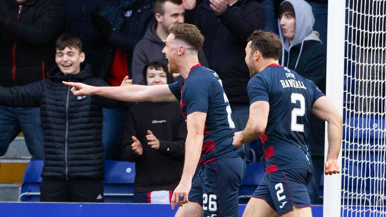DINGWALL, SCOTLAND - FEBRRUARY 25: Jordan White celebrates making it 4-0 during a cinch Premiership match between Ross County and Dundee United at the Global Energy Stadium, on February 25, 2023, in Dingwall, Scotland.   (Photo by Alan Harvey / SNS Group)