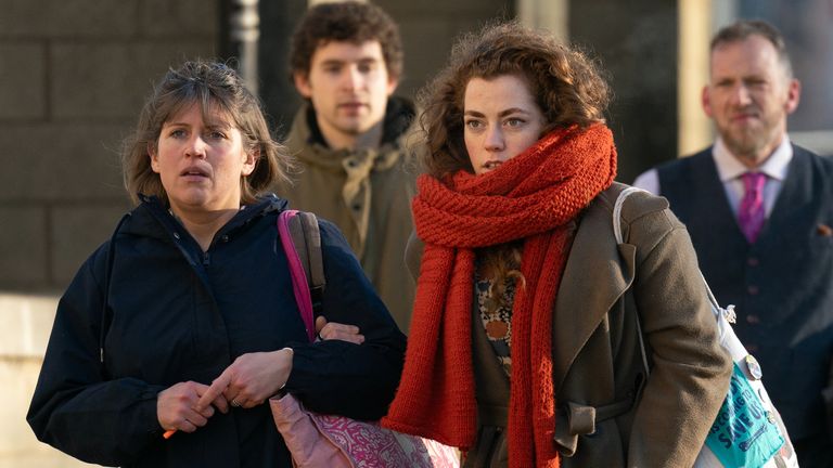 Just Stop Oil protesters (left to right) Bethany Mogie, Alasdair Gibson, Emily Brocklebank and David Baldwin arriving at Northampton Crown Court charged with conspiracy to cause public nuisance over a track protest during the British Grand Prix