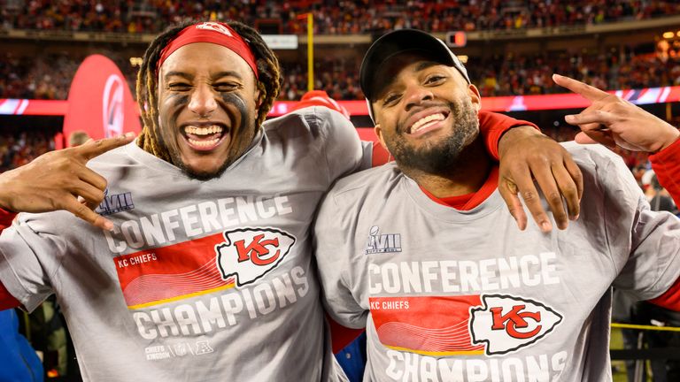 Kansas City Chiefs safeties Justin Reid (left) and Juan Thornhill (right) celebrate their AFC Championship win over the Cincinnati Bengals