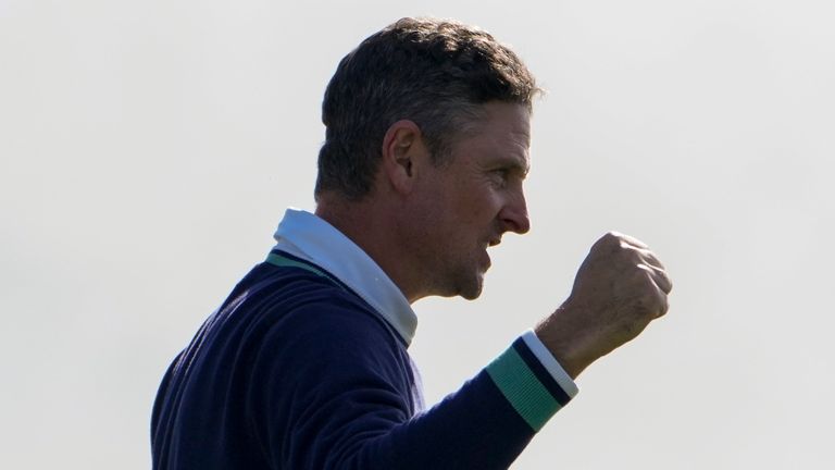 Justin Rose, of England, reacts after making a par putt on the 18th green of the Pebble Beach Golf Links and winning the AT&T Pebble Beach Pro-Am golf tournament in Pebble Beach, Calif., Monday, Feb. 6, 2023. (AP Photo/Godofredo A. V..squez)