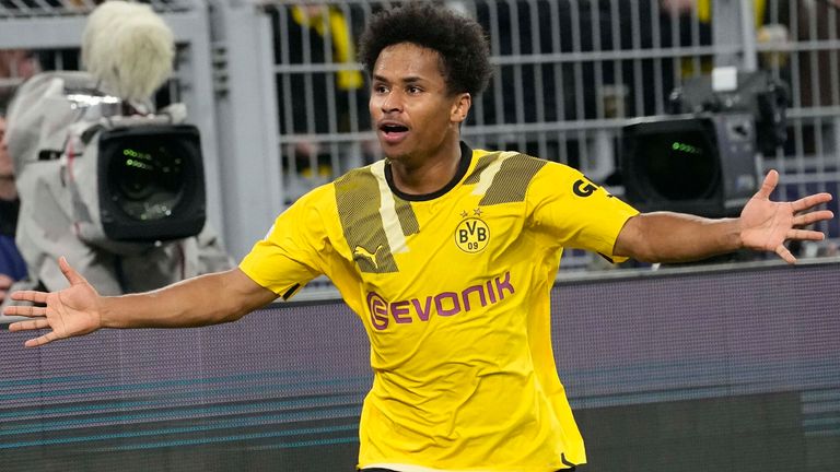 Dortmund's Karim Adeyemi celebrates after scoring vs Chelsea