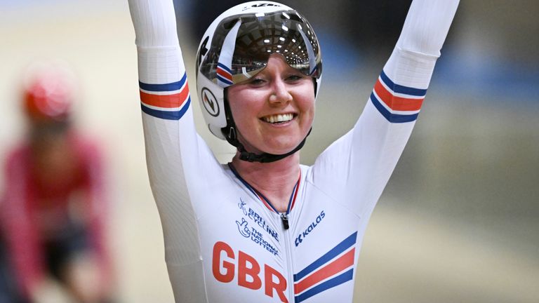 Katie Archibald of Great Britain reacts after winning the women's omnium points race at the UEC track cycling elite European championships, at the Velodrome Suisse, in Grenchen, Switzerland, Friday, Feb. 10, 2023. (Gian Ehrenzeller/Keystone via AP)