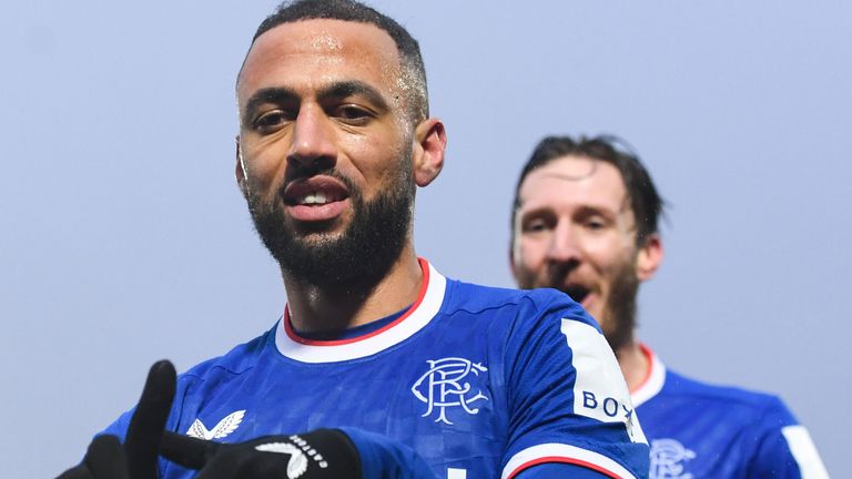 LIVINGSTON, SCOTLAND - FEBRUARY 18: Rangers' Kemar Roofe celebrates after scoring to make it 0-3 during a cinch Premiership match between Livingston and Rangers at the Tony Macaroni Arena, on February 18, 2023, in Livingston, Scotland (Photo by Craig Foy / SNS Group)