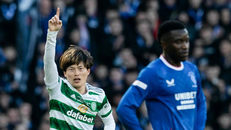 GLASGOW, SCOTLAND - FEBRUARY 26: Celtic's Kyogo Furuhashi celebrates making it 1-0 during the Viaplay Cup final between Rangers and Celtic at Hampden Park, on February 26, 2023, in Glasgow, Scotland.  (Photo by Craig Foy / SNS Group)