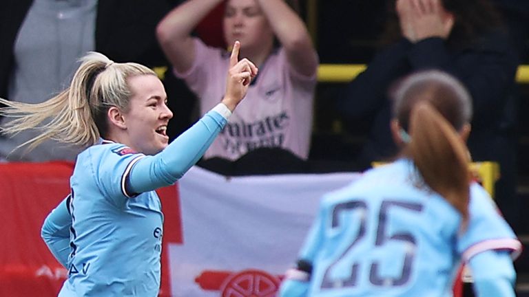 Man City's Lauren Hemp celebrates her early goal