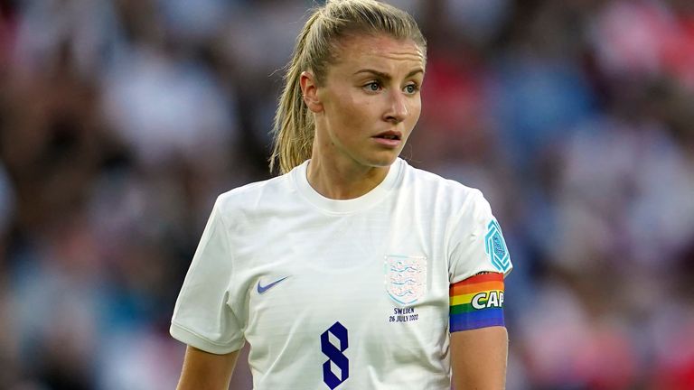 England&#39;s Leah Williamson looks out during the Women Euro 2022 semi final soccer match between England and Sweden at Bramall Lane Stadium in Sheffield, England, Tuesday, July 26, 2022. (AP Photo/Jon Super)