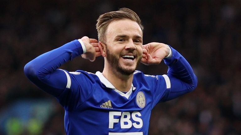 James Maddison celebrates after equalising for Leicester at Aston Villa