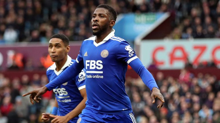 Kelechi Iheanacho celebrates after equalising for Leicester at Aston Villa