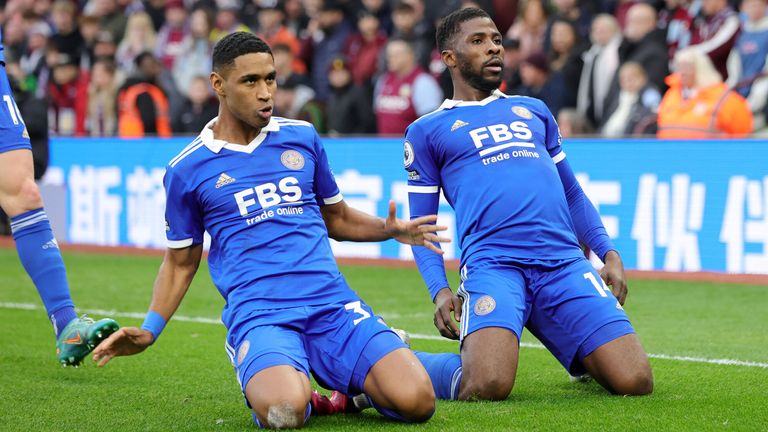 Tete celebrates with Kelechi Iheanacho after giving Leicester a 3-2 lead at Aston Villa