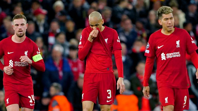 Liverpool players appear dejected during the Champions League round of 16 match at Anfield, Liverpool. Picture date: Tuesday February 21, 2023.