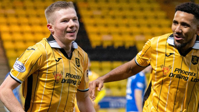 LIVINGSTON, SCOTLAND - FEBRUARY 04: Livingston's Stephen Kelly (centre) celebrates scoring to make it 3-0 with teammates during a cinch Premiership match between Livingston and Kilmarnock at the Tony Macaroni Arena, on February 04, 2023, in Livingston, Scotland.  (Photo by Paul Devlin / SNS Group)