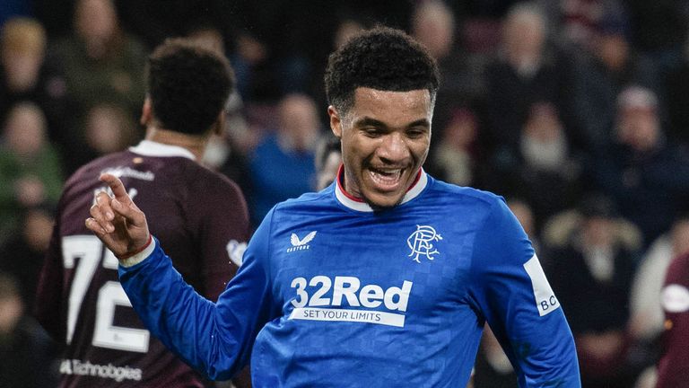 EDINBURGH, SCOTLAND - FEBRUARY 01: Rangers' Malik Tillman celebrates after making it 2-0 during a cinch Premiership match between Heart of Midlothian and Rangers at Tynecastle, on February 01, 2023, in Edinburgh, Scotland. (Photo by Mark Scates / SNS Group)