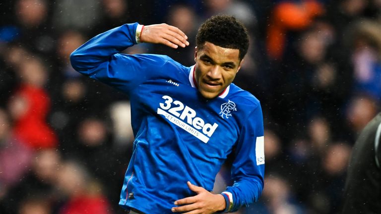 GLASGOW, SCOTLAND - FEBRUARY 04: Malik Tillman celebrates after scoring to make it 1-0 Rangers during a cinch Premiership match between Rangers and Ross County at Ibrox Stadium, on February 04, 2023, in Glasgow, Scotland.  (Photo by Rob Casey / SNS Group)