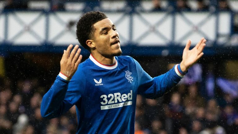 GLASGOW, SCOTLAND - FEBRUARY 04: Malik Tillman celebrates after scoring to make it 1-0 Rangers during a cinch Premiership match between Rangers and Ross County at Ibrox Stadium, on February 04, 2023, in Glasgow, Scotland.  (Photo by Alan Harvey / SNS Group)