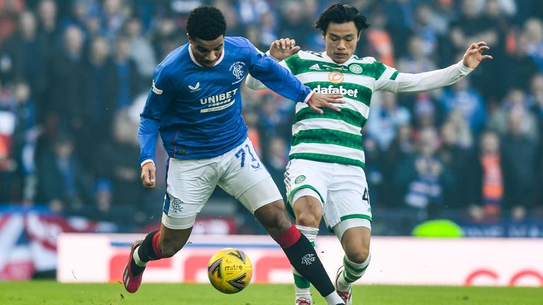 Rangers&#39; Malik Tillman and Celtic&#39;s Reo Hatate in action during the Viaplay Cup final