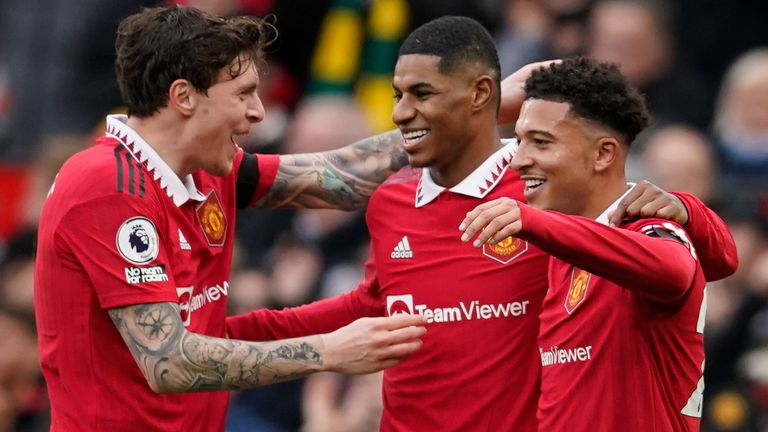 Goalscorers Marcus Rashford and Jadon Sancho celebrate at Old Trafford