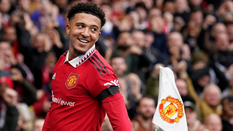 Jadon Sancho celebrates after scoring Manchester United's third goal against Leicester