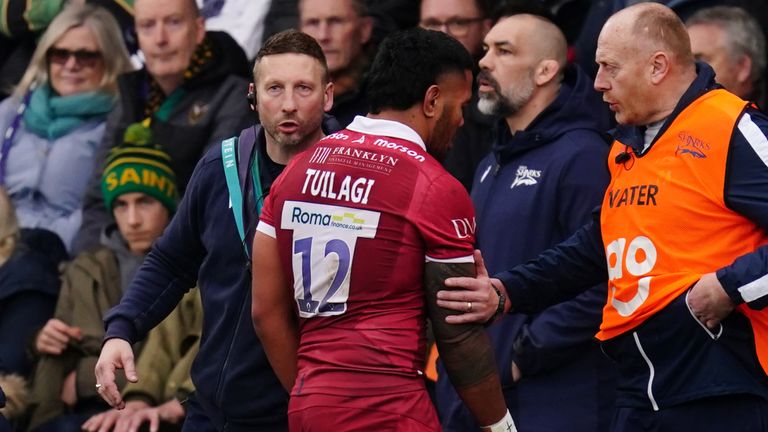 Northampton Saints v Sale Sharks - Gallagher Premiership - cinch Stadium at Franklin's Gardens
Sale Sharks Manu Tuilagi is sent off during the Gallagher Premiership match at cinch Stadium at Franklin's Gardens, Northampton. Picture date: Saturday February 18, 2023.