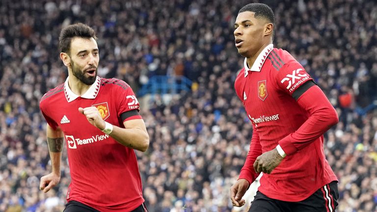 Marcus Rashford celebrates his goal with Bruno Fernandes