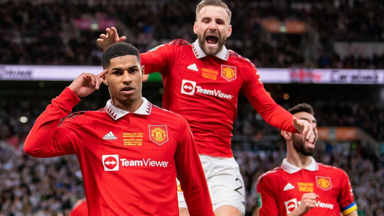 Marcus Rashford celebrates scoring Man Utd&#39;s second