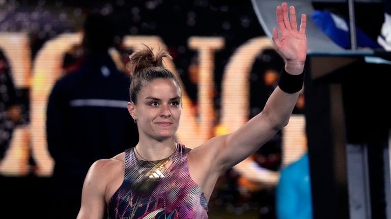 Maria Sakkari of Greece reacts after defeating Diana Shnaider of Russia in their second round match at the Australian Open tennis championship in Melbourne, Australia, Wednesday, Jan. 18, 2023. (AP Photo/Ng Han Guan)